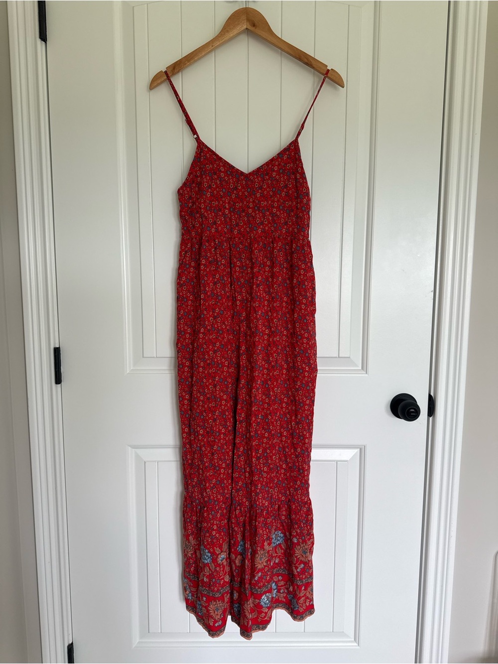 Natural Life Jamie Jumpsuit Red Ditsy Floral Wide Leg Smocked Boho Festival S - Picture 2 of 9